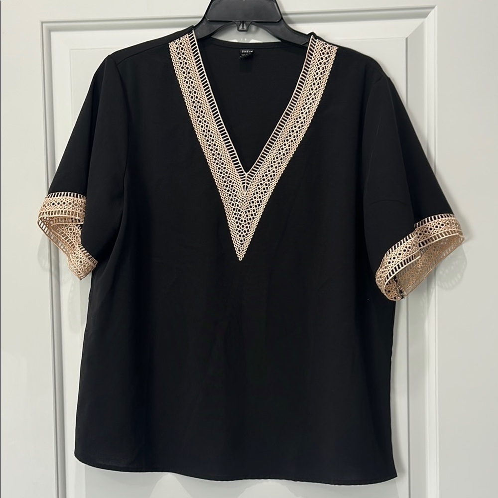 Black Boxy Short Sleeve Embellished Blouse